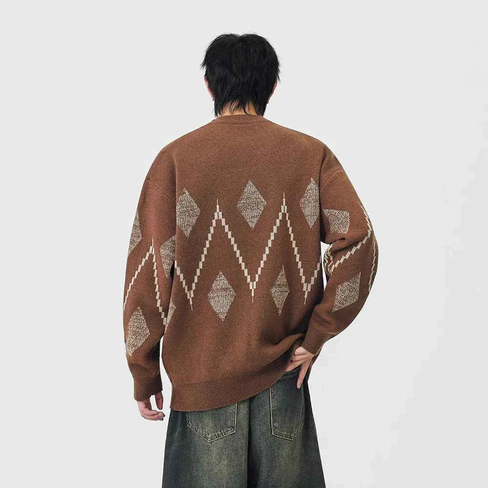 Cozy Argyle Knit Crew Neck Classic Sweater