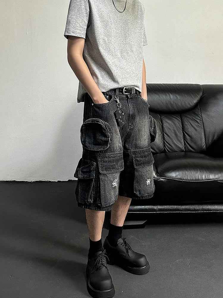 Black Effortless Destroyed Wide Leg Denim Short