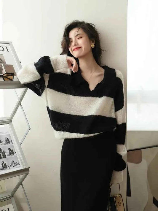 Comfy Striped Mohair Wool Polo Collar Sweater