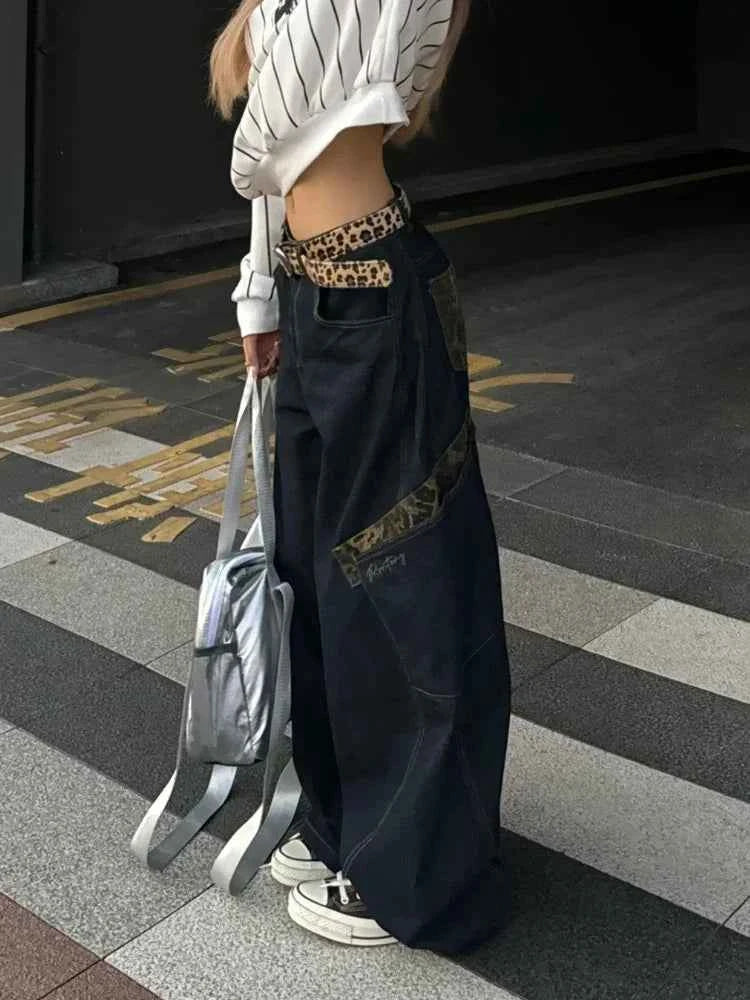 Chic Leopard Spliced Hip Hop Cargo Jeans