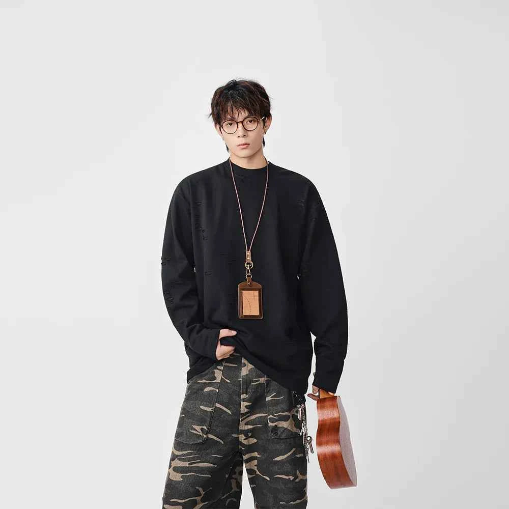 Distressed Solid Color Crew Neck Long Sleeve T-Shirt