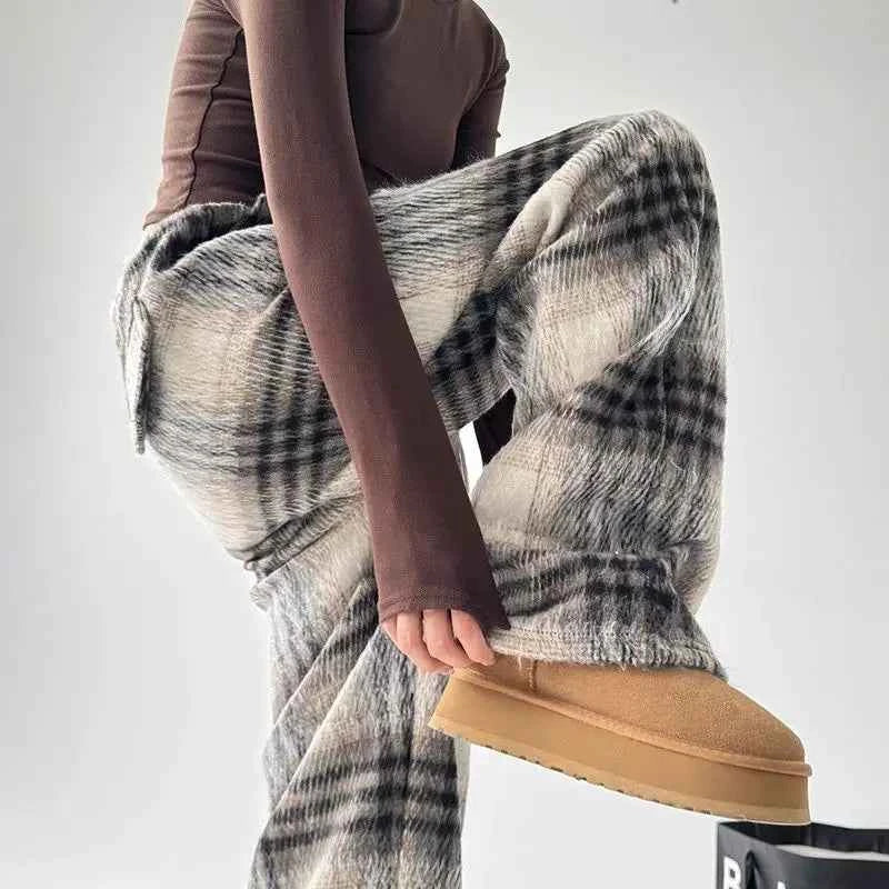 Cool Vintage American Style Plaid Wide Pants