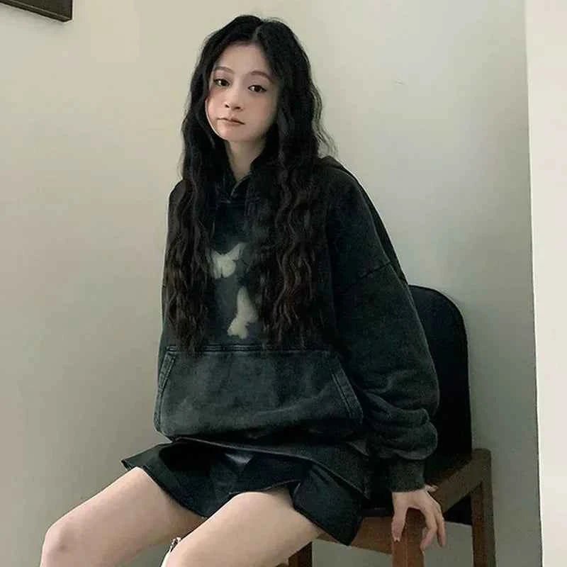 Butterfly Print Washed Black Oversized Hoodie