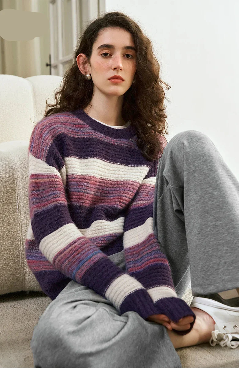 Women Chic O-Neck Striped Knit Sweater - Luxuryurbanwear