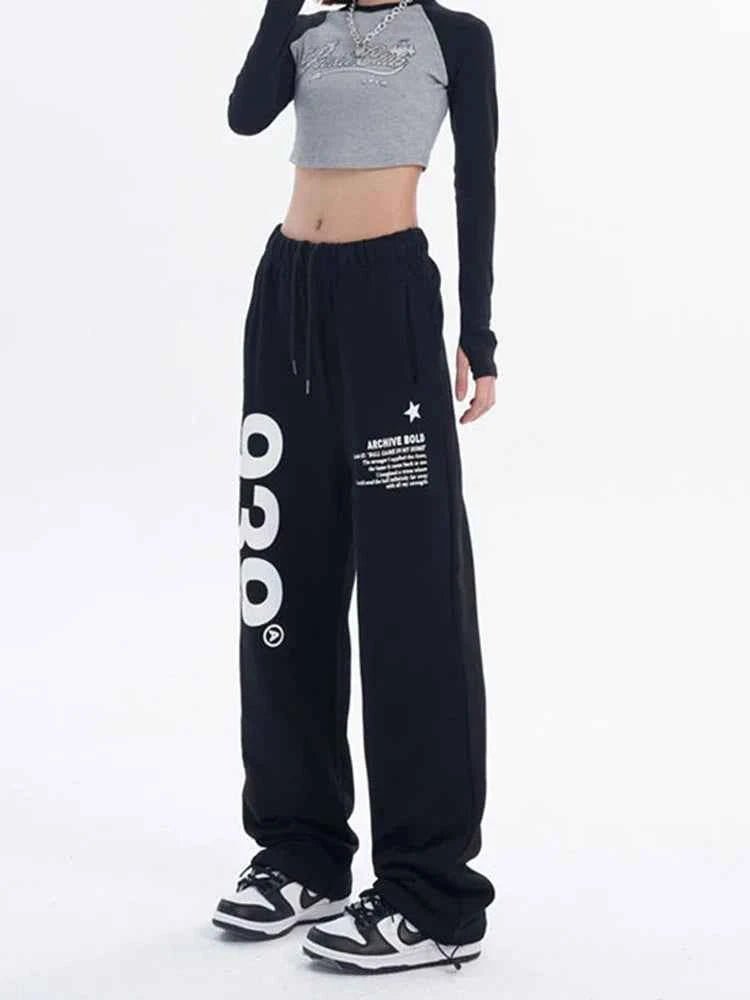 Vintage Black Korean Letter Print Wide Sweatpants
