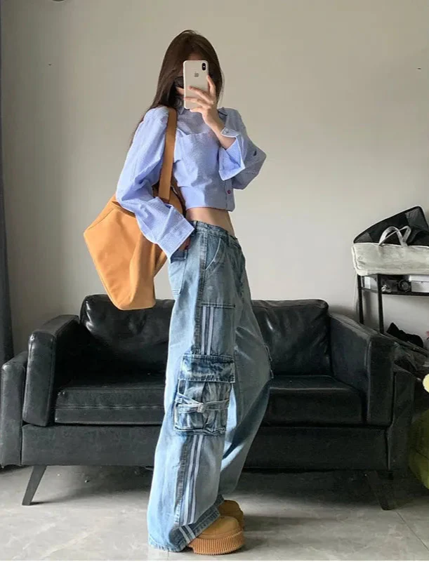 Women Retro Comfort Vintage Blue High Waist Cargo Jeans - Luxuryurbanwear