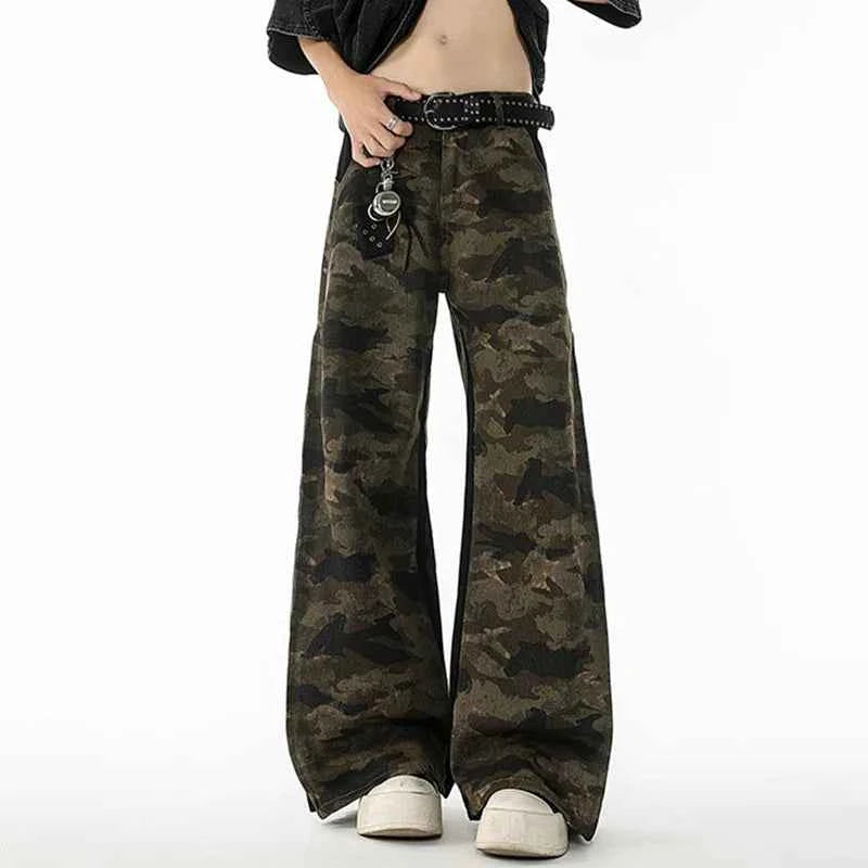 American Style Zipper Split Camouflage Wide-Leg Jeans