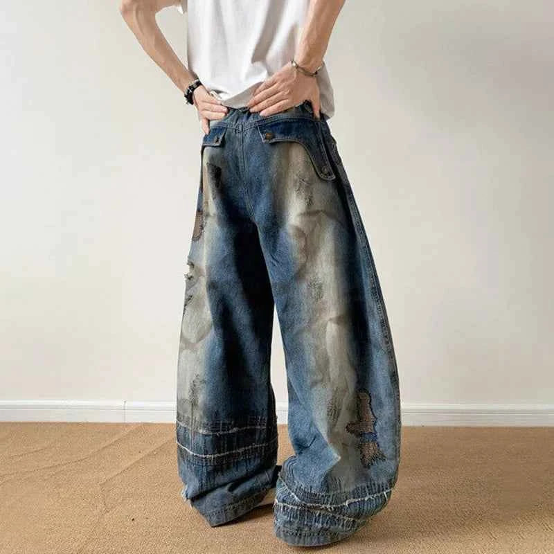 Flexible Patched Ribbon Loose Wide Leg Jeans