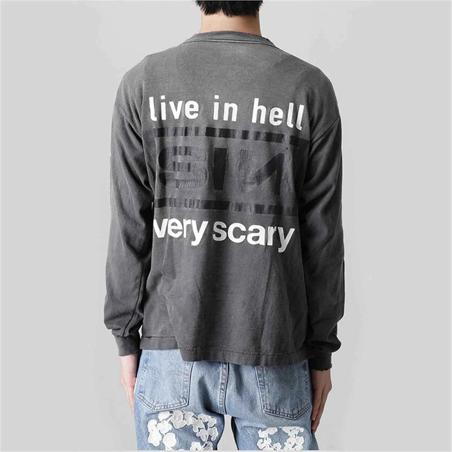 Retro Vintage Sin Print Distressed Long Sleeve T-Shirt