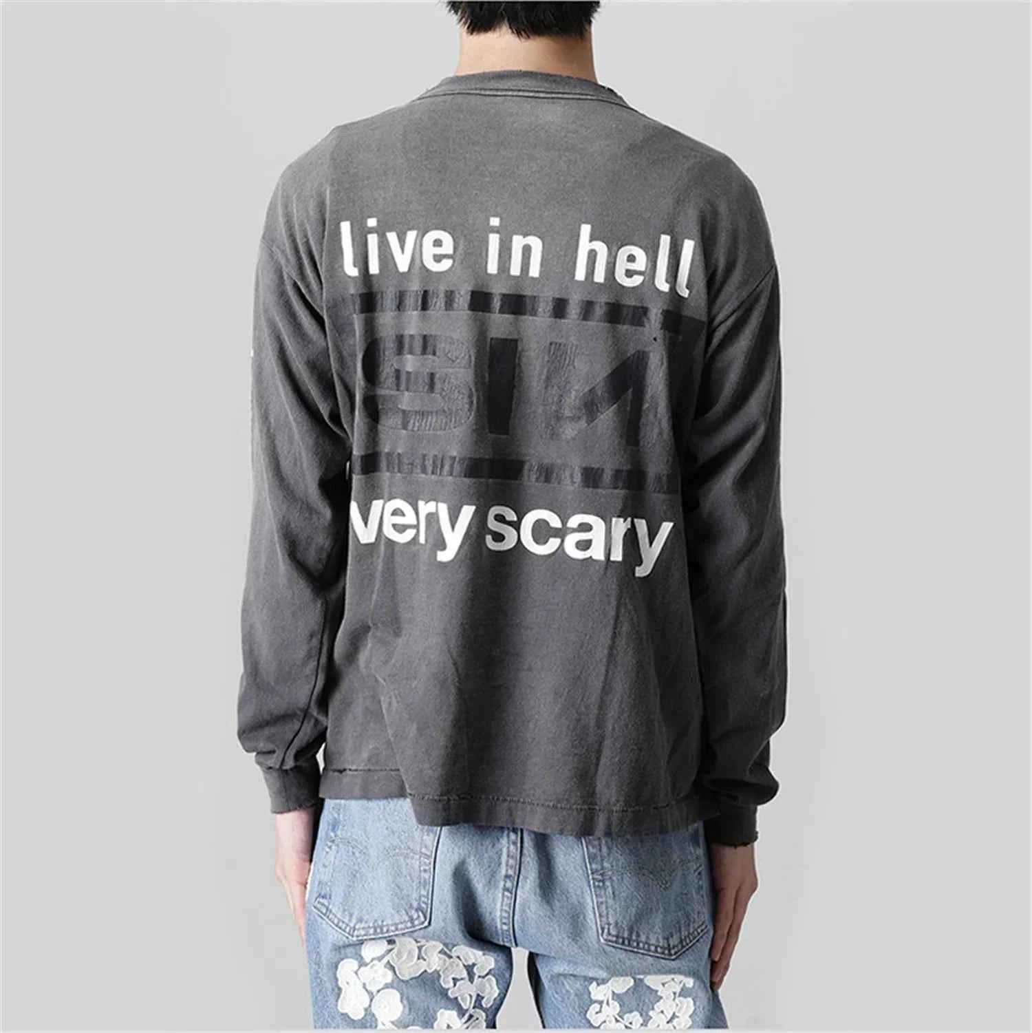 Retro Vintage Sin Print Distressed Long Sleeve T-Shirt