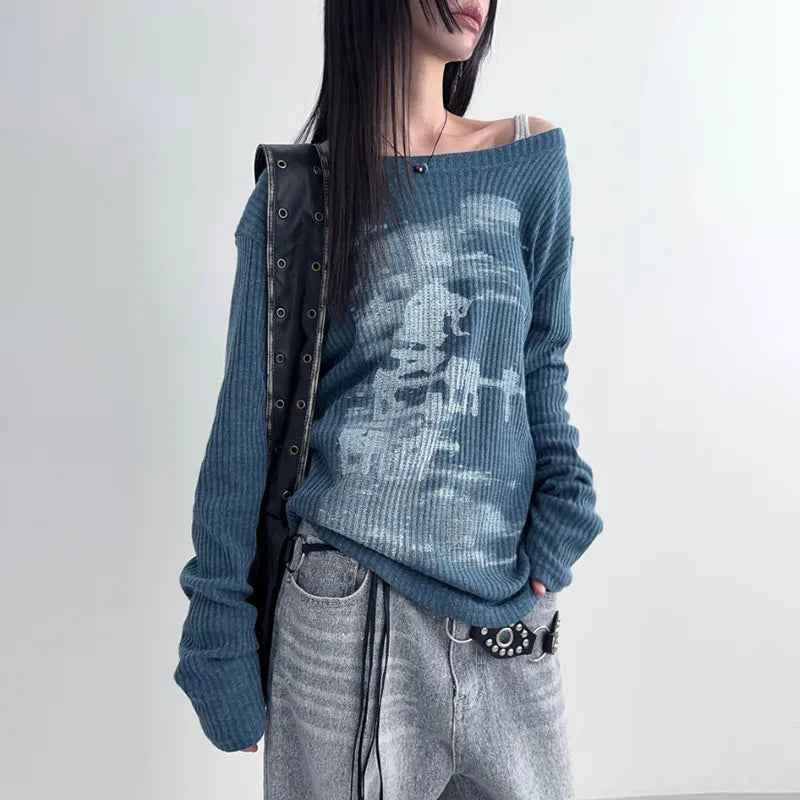 Vintage Graphic Printing Skew Collar Sweater