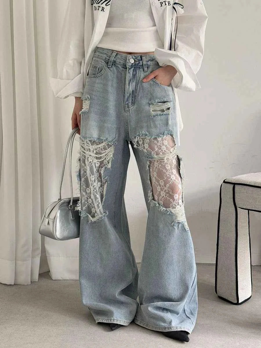 Women Retro Chic Lace Baggy Jeans