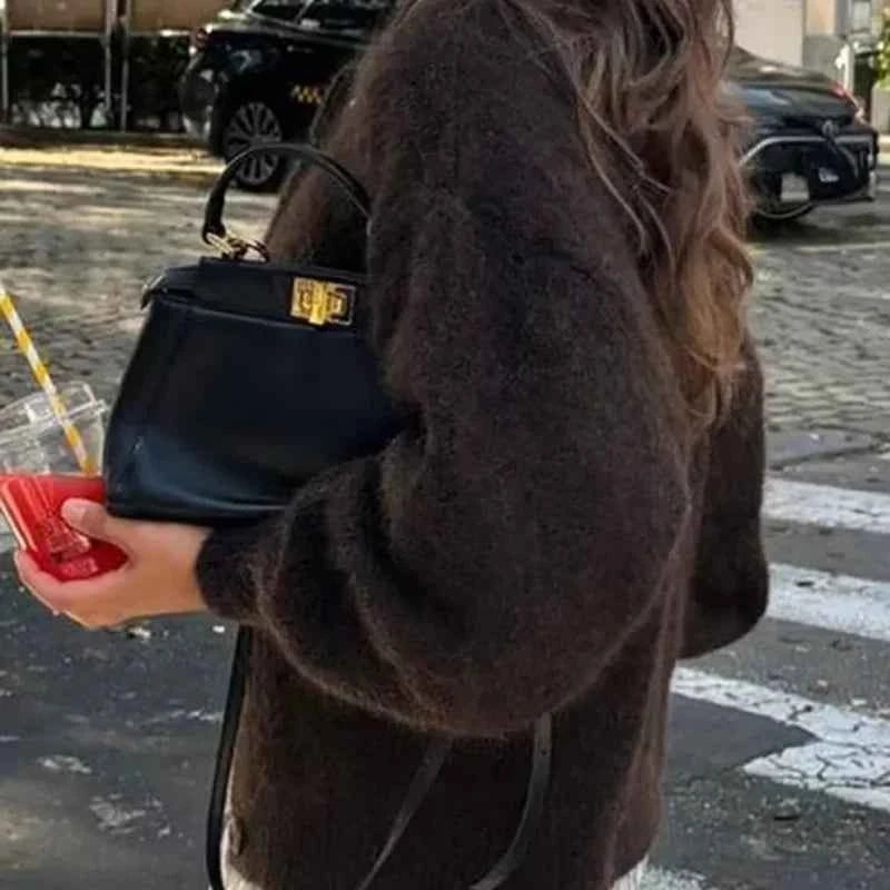 Brown Elegant Knitted Button Casual Cardigan