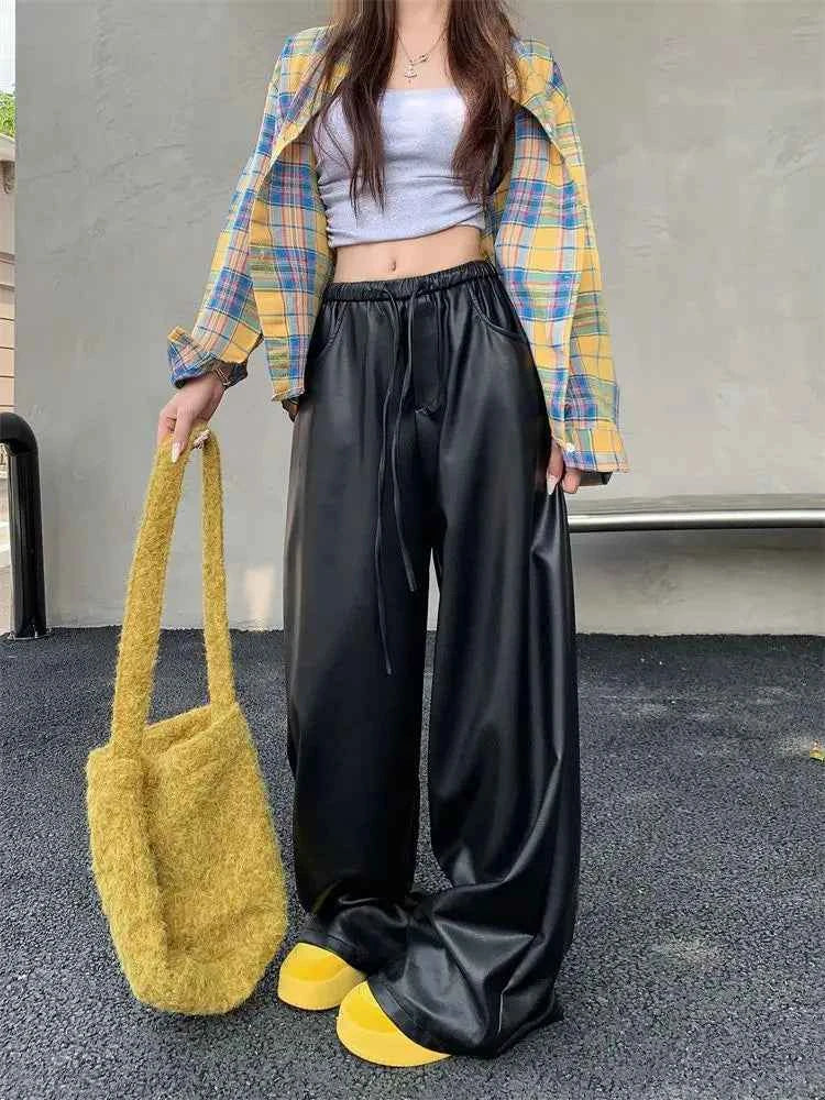 Y2K Urban Relax Preppy High Waist Leather Pants