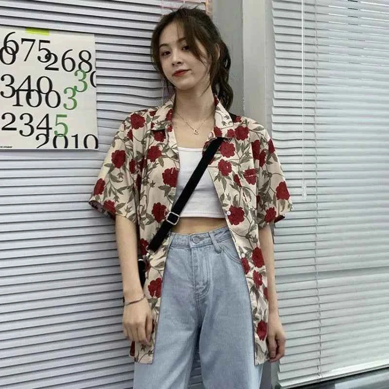 Women Korean Style Vintage Rose Print Short Sleeve Shirt