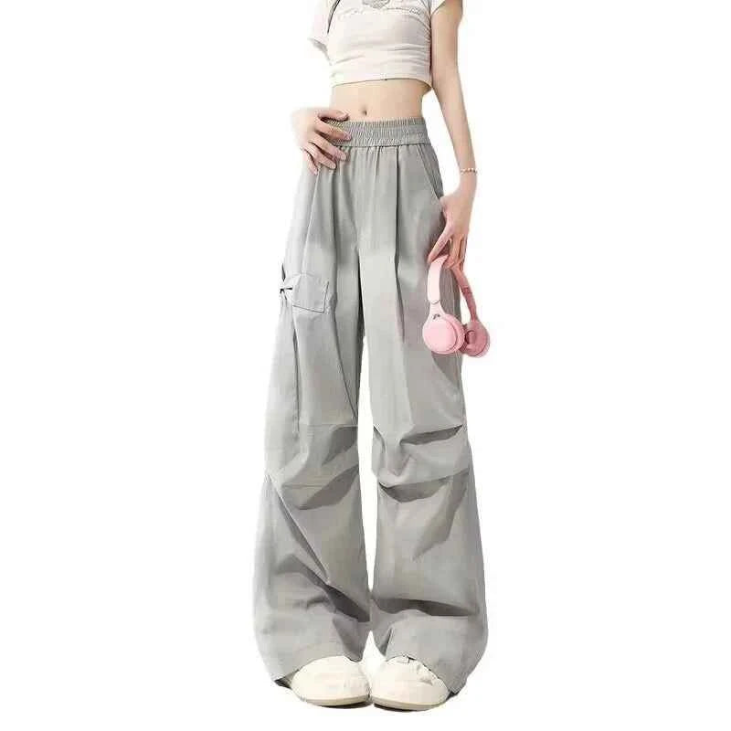 Women Elastic High Waist Gray Cargo Pants