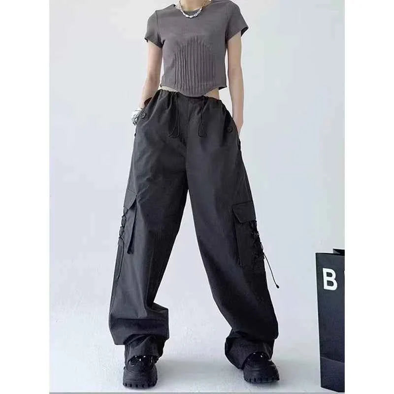 American Style Solid Pleated Wide Leg Cargo Pants