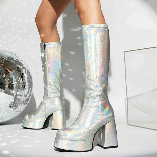 Gothic Metallic Chunky High Heel Leather Boots