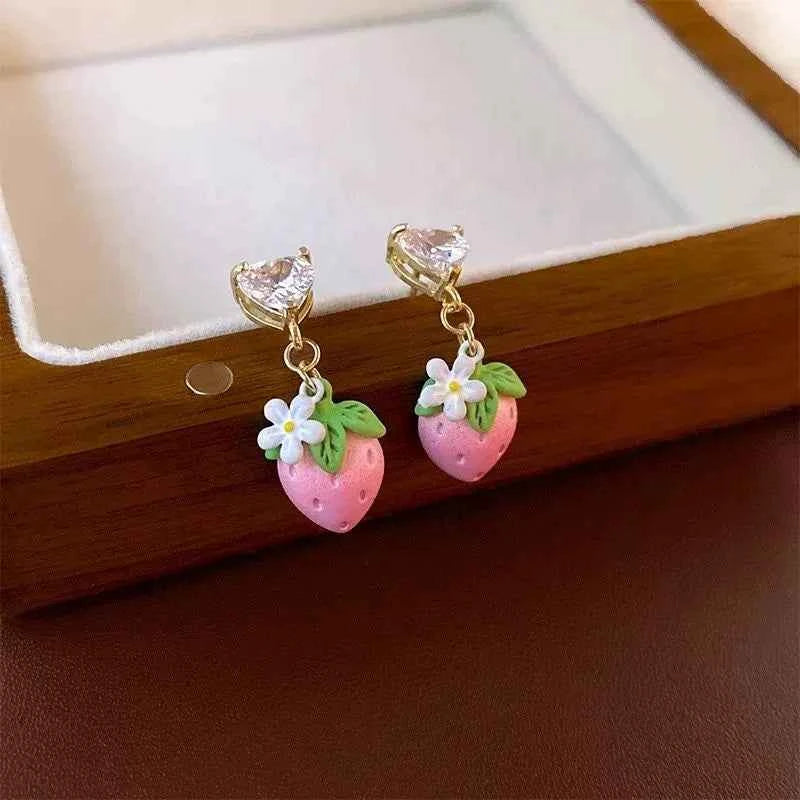 Korean Strawberry Flower Love Heart Earrings