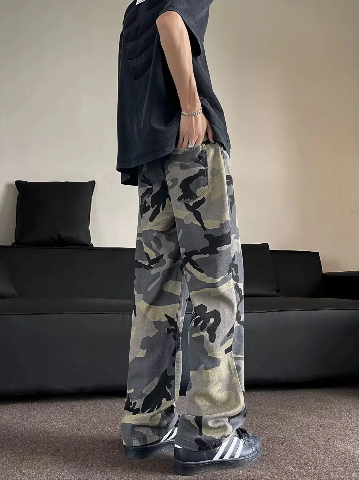 Vintage Streetwear Camouflage High Waisted Wide-Leg Jeans - Luxuryurbanwear