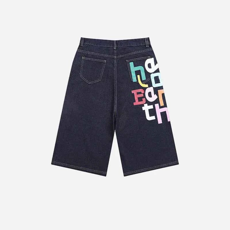 Vintage Letter Print Wide Leg Washed Denim Jorts