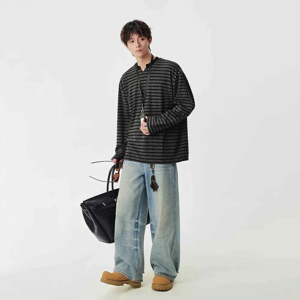 Striped Notch Neck Casual Long Sleeve T-Shirt