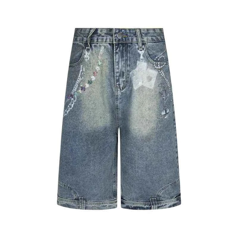 Contrast Retro Color Wide Leg Denim Jorts