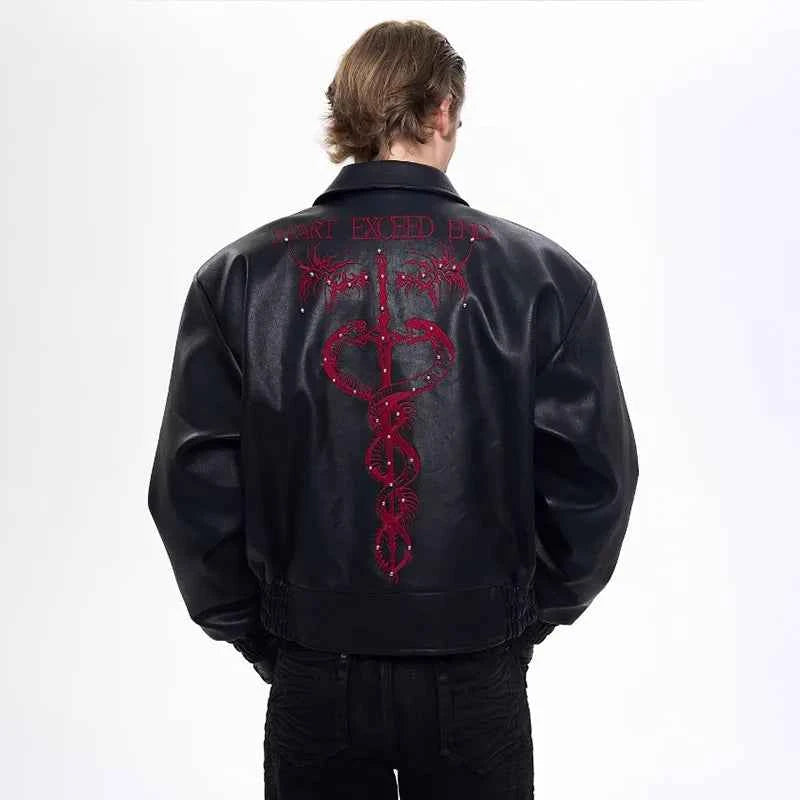 Men Premium Embroidered Patchwork Leather Jacket