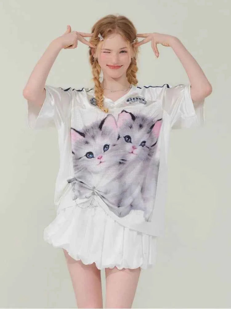 Funny Cat Print Football Jersey T-Shirt