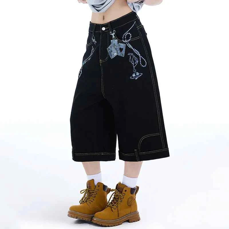 Contrast Retro Color Wide Leg Denim Jorts