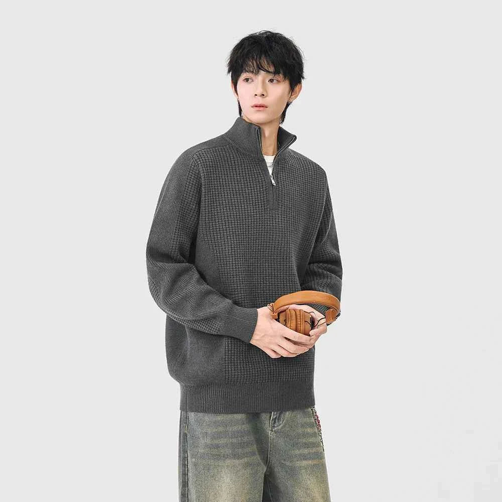 Cozy Mock Neck Half Zipper Waffle Knit Sweater