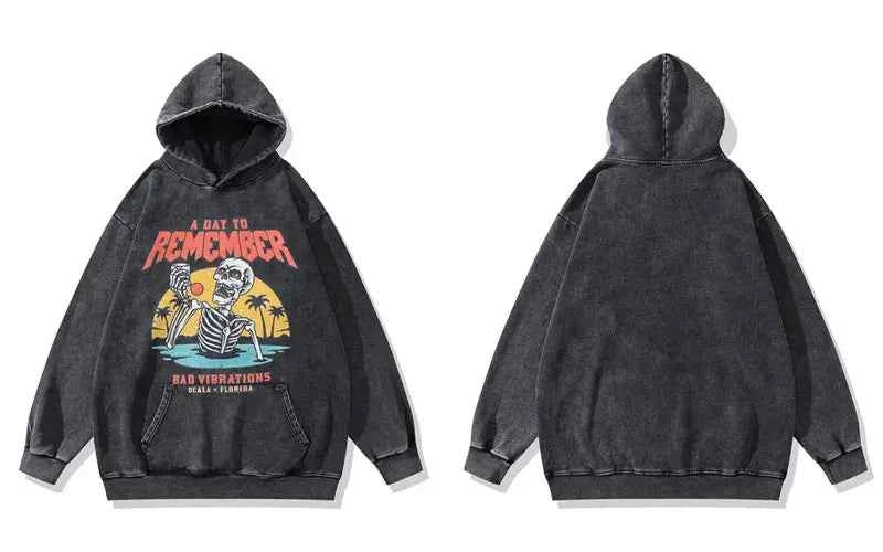 Breathable Oversized Gothic Skull Washed Print Hoodie