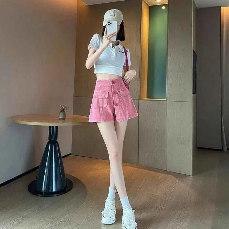 Pink High Waist Culotte Denim Cargo Skirt