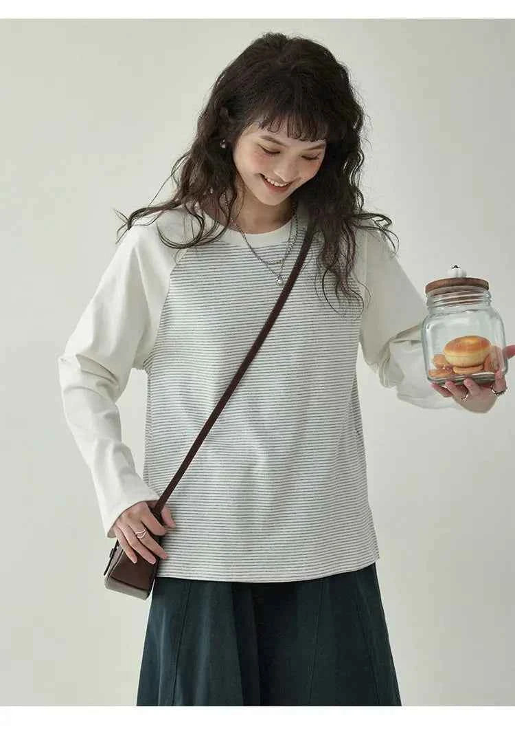 Y2K Japanese Style Patchwork Striped Loose Sweatshirt