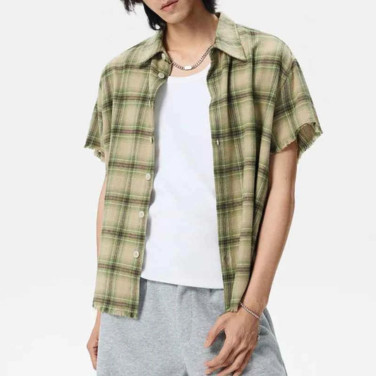Green Plaid Vintage Lapel Short Sleeve Shirt