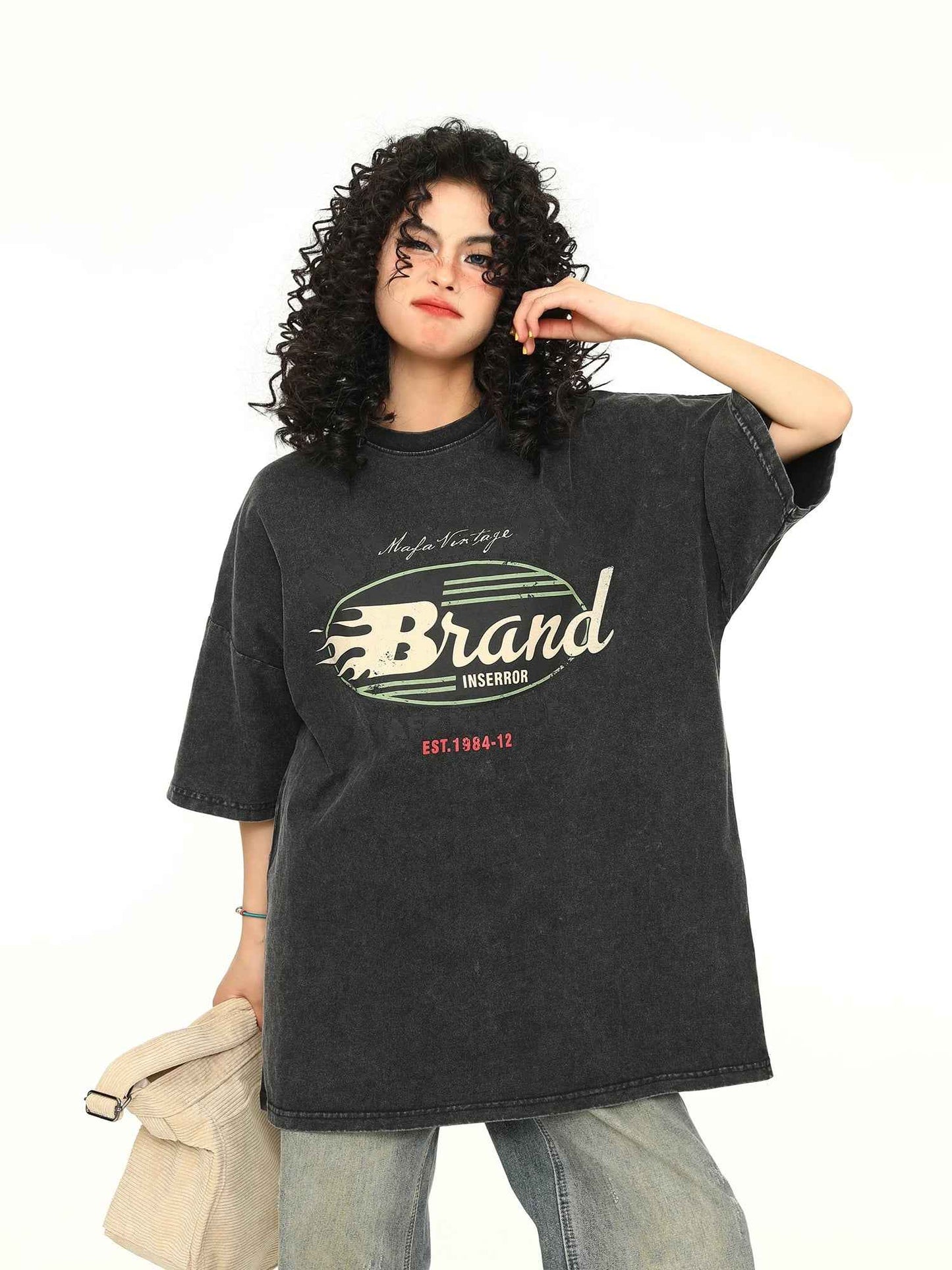 Vintage Alphabet Print Loose Cotton T-Shirt