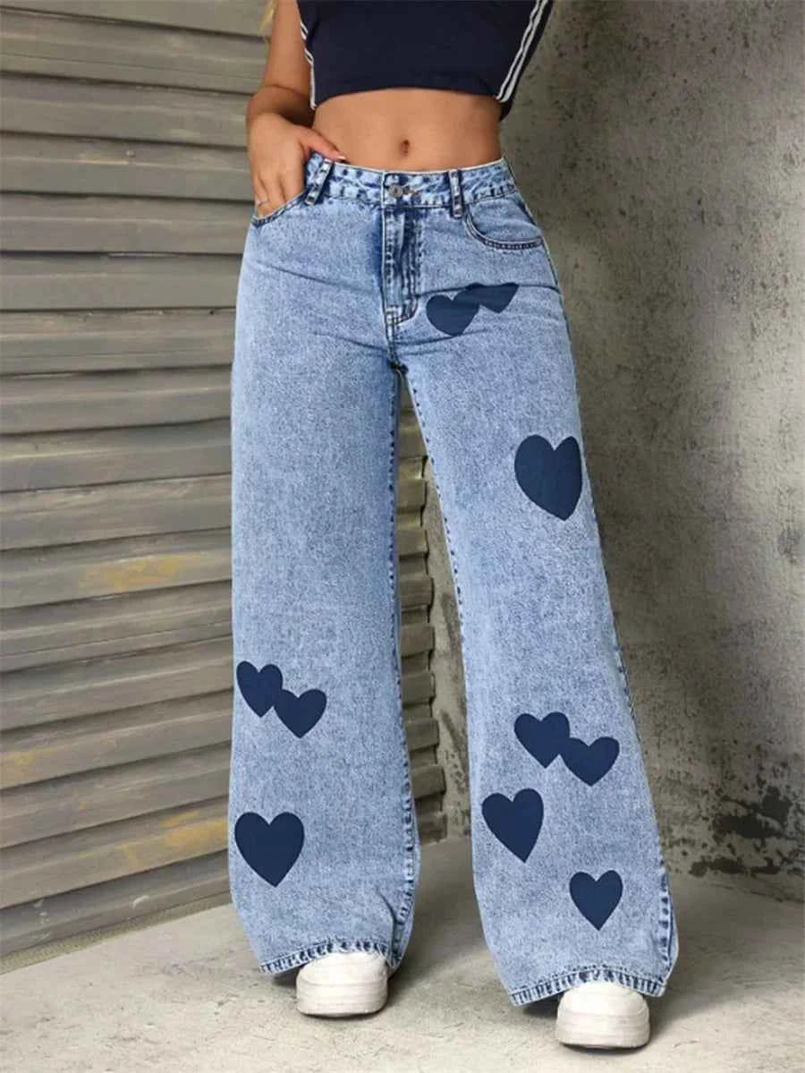 Y2K Heart Print Mid-Waisted Casual Jeans