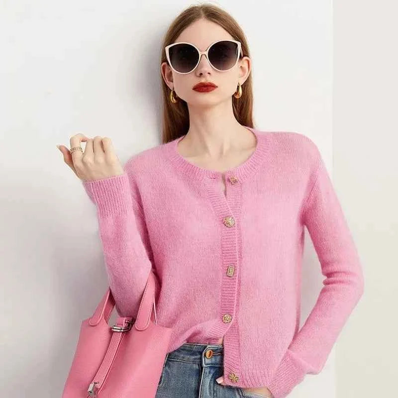 Women Pink French Knitted Button Cardigan