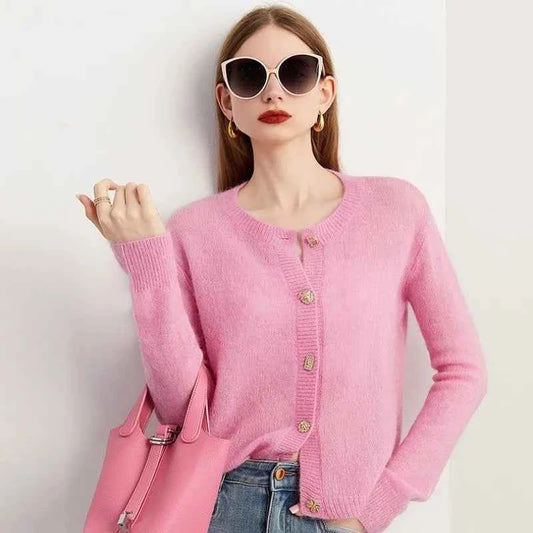 Women Pink French Knitted Button Cardigan
