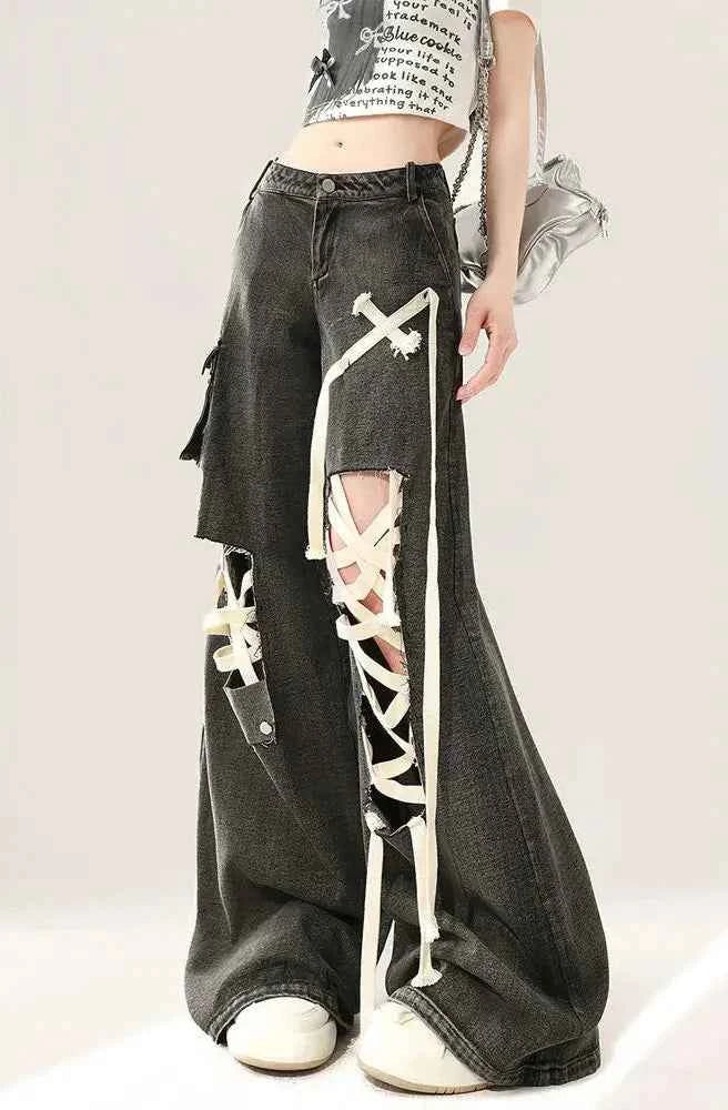 Black Strap Ripped Wide Jeans