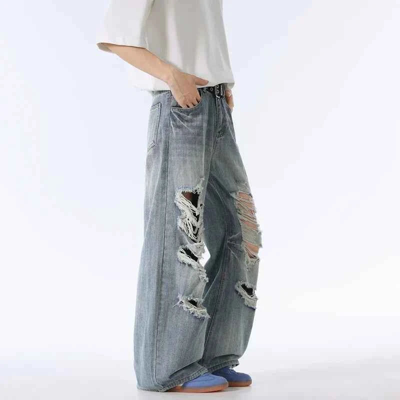 Lightweight Distressed High Waisted Wide Leg Jeans