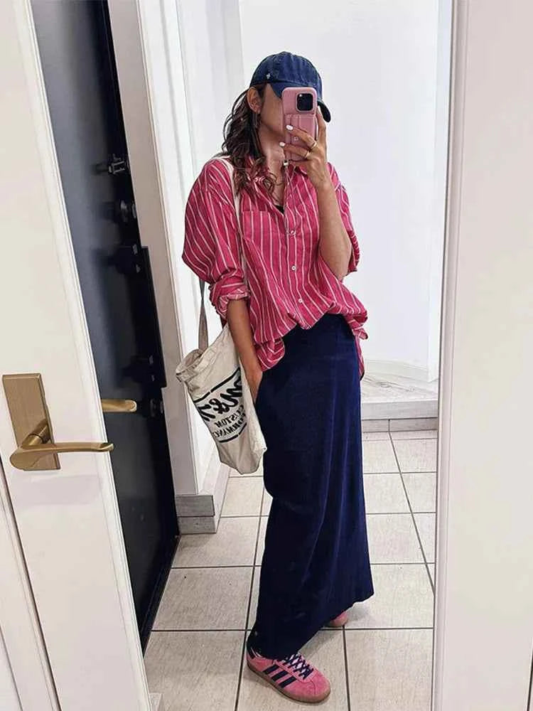 Women Streetwear Pink Striped Chic Long Sleeve Shirt