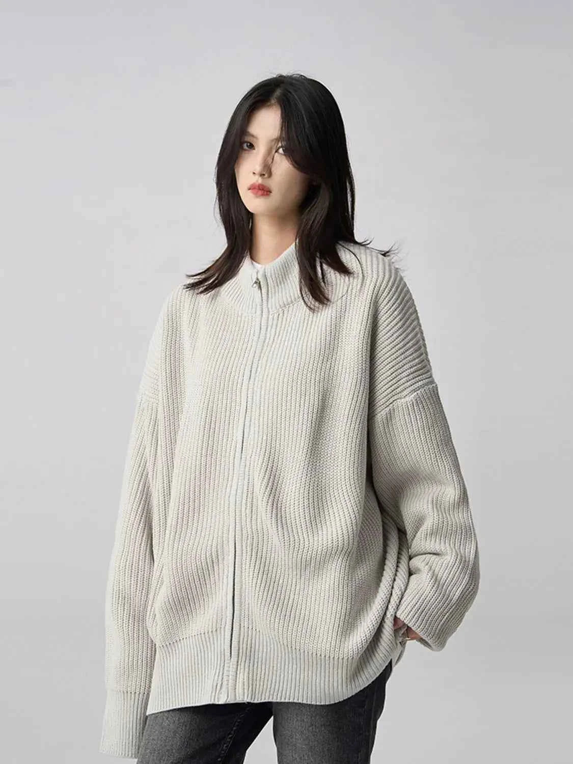 Women Versatile Retro Knitted Zipper Cardigan