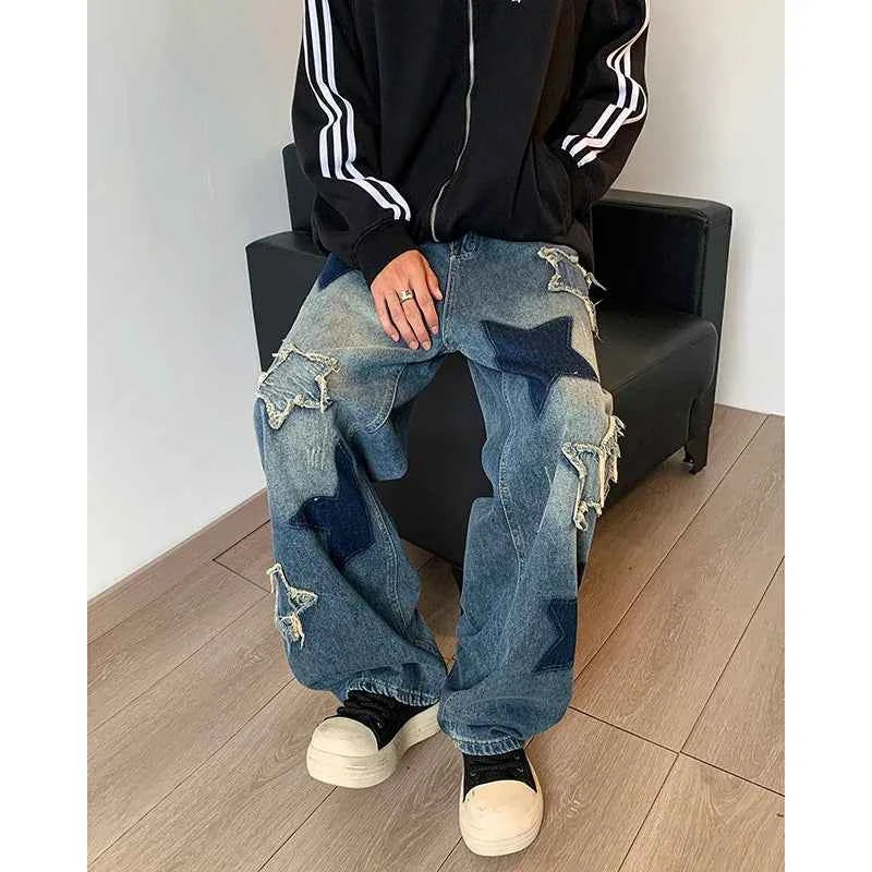 Embroidered Star Patchwork Wide Leg Jeans