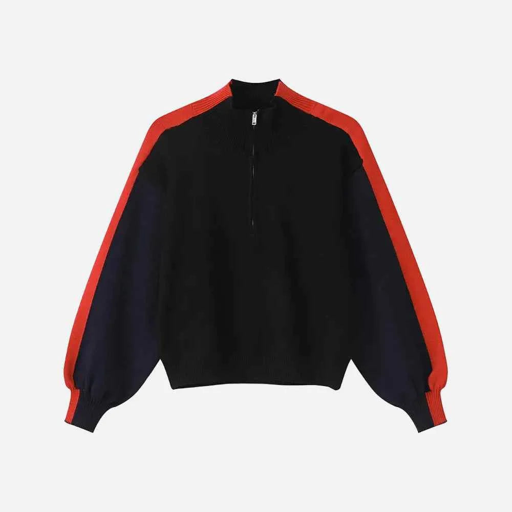 Chic Contrasting Stand Collar Knitted Half Zip Sweater