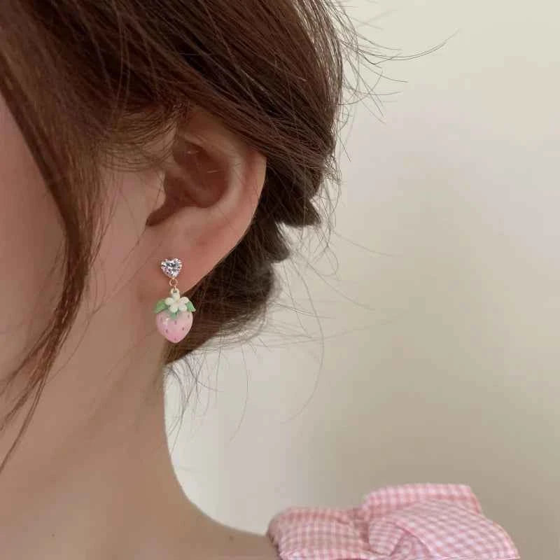 Korean Strawberry Flower Love Heart Earrings