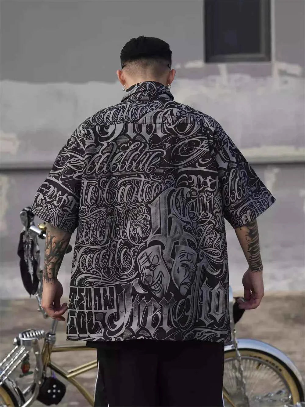 Vintage Style Letter Full Print Casual Short Sleeve Shirt
