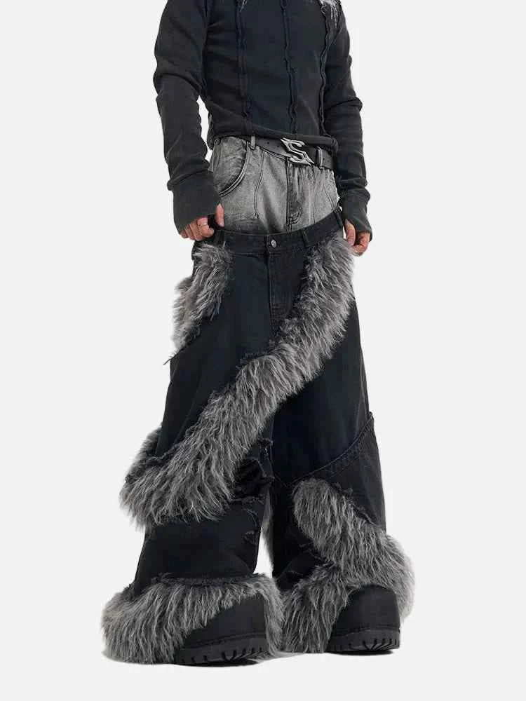 Luxury Double Waisted Fur Patchwork Ripped Denim Jeans
