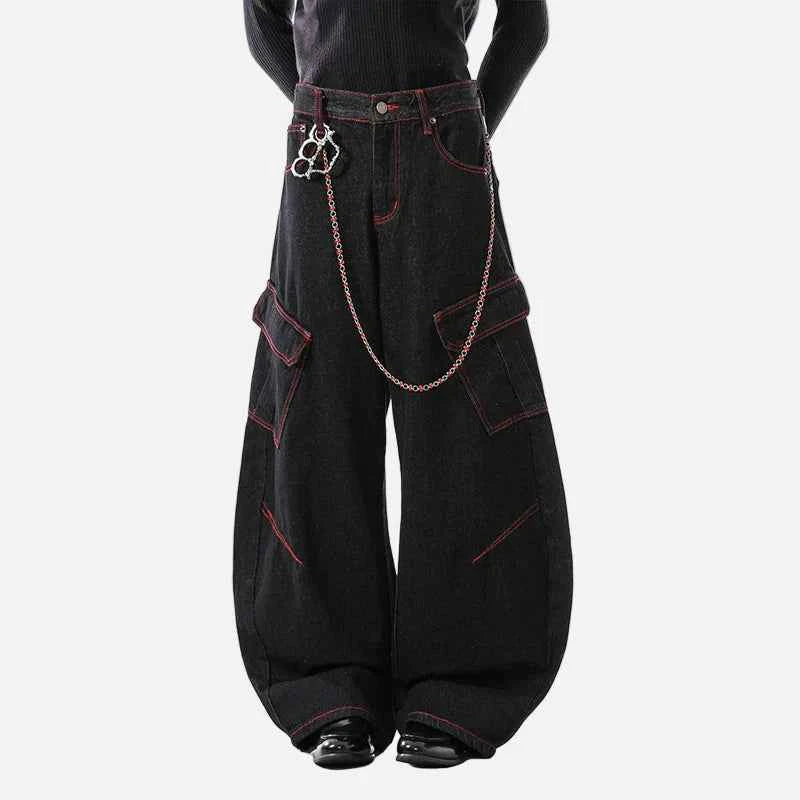 Streetwear Curved Knife Wide Leg Denim Cargo Jeans