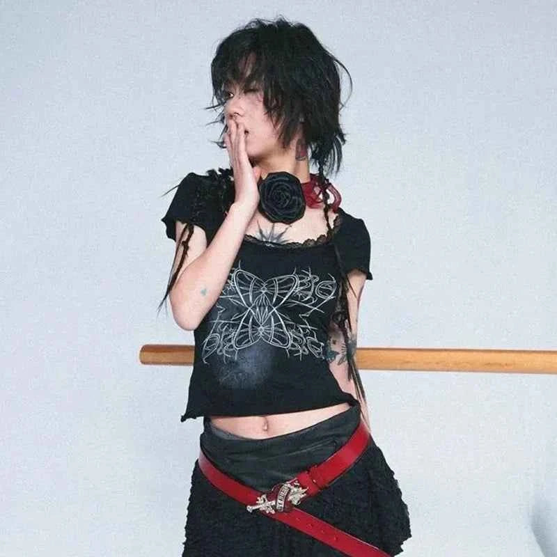 Vintage Lace Patchwork Black Print T-Shirt